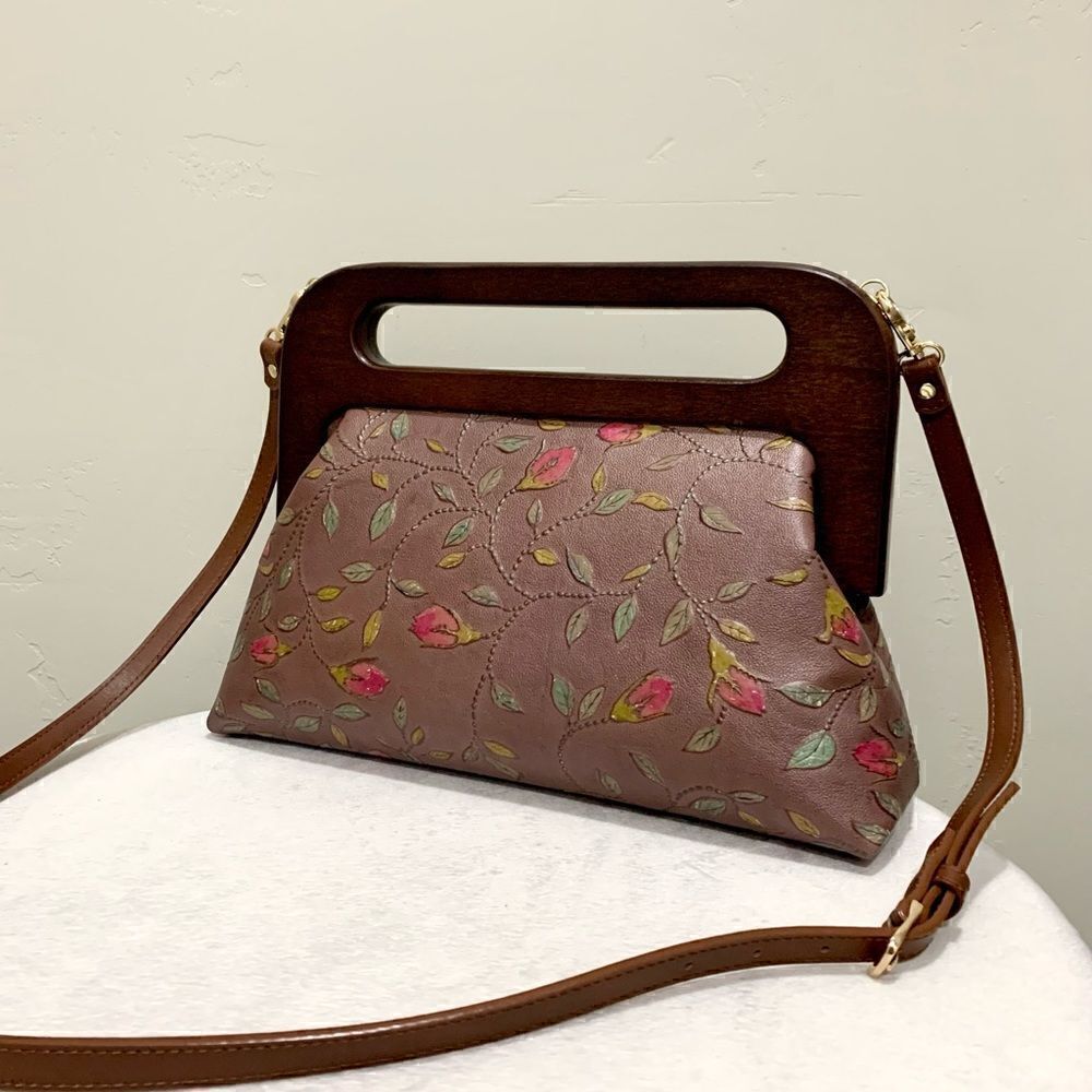 Handmade Genuine Embossed Leather Large Wooden Frame Handbag - Picture 7 of 16